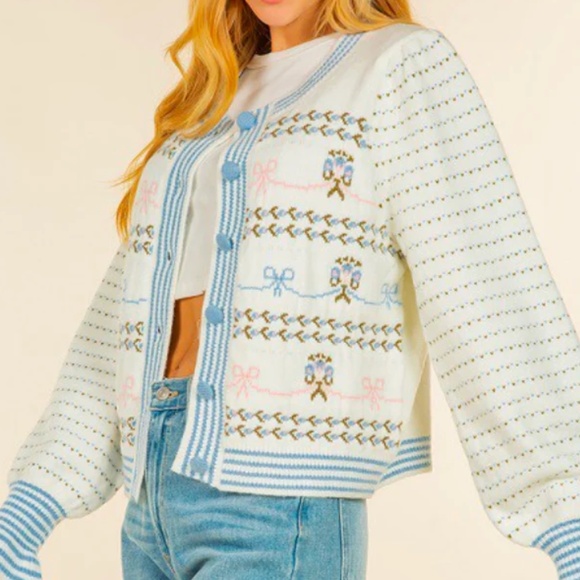 Women’s The Angeline Floral White Multi Button Front Sweater sz med bust 40.9” - Picture 4 of 7